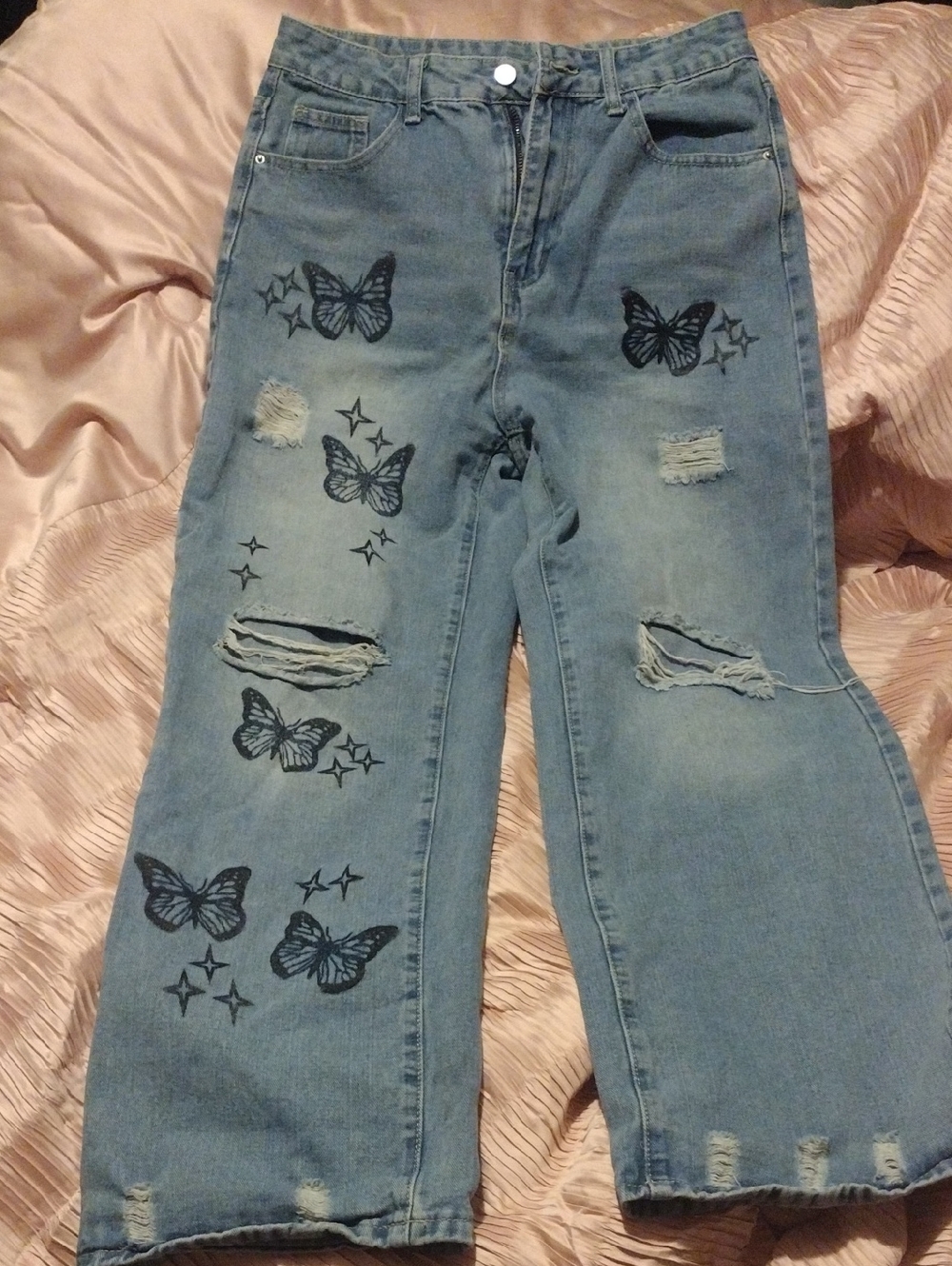 SHEIN Light Blue Wide Leg Distressed Butterfly Jeans